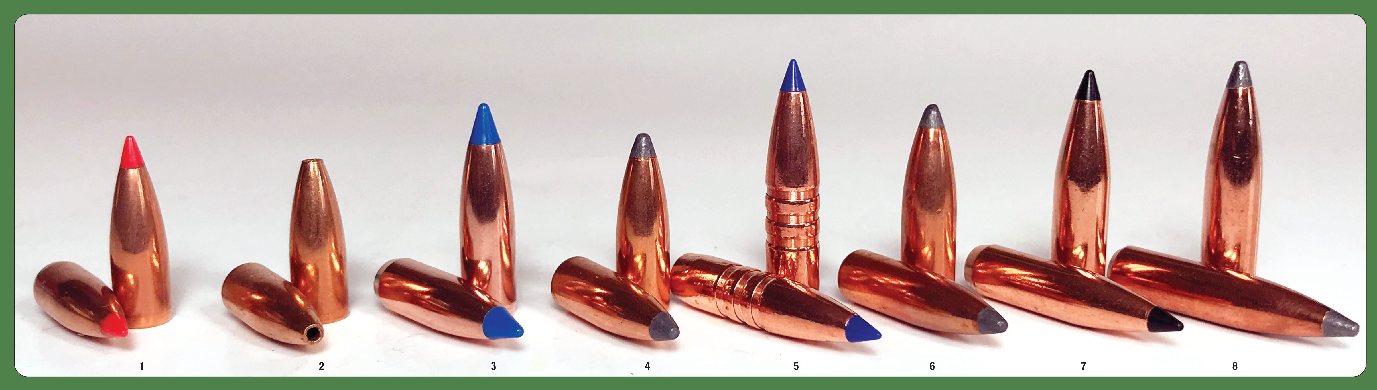 This lineup of bullets makes the .25-06 a versatile cartridge for hunting anything up to elk: (1) Hornady 75-grain V-MAX, (2) Sierra 75 BlitzKing, (3) Nosler 85 Ballistic Tip, (4) Sierra 87 Varminter, (5) Barnes 100 Tipped Triple-Shock, (6) Sierra 100 GameKing, (7) Swift 100 Scirocco II and (8) Nosler 120-grain Partition.